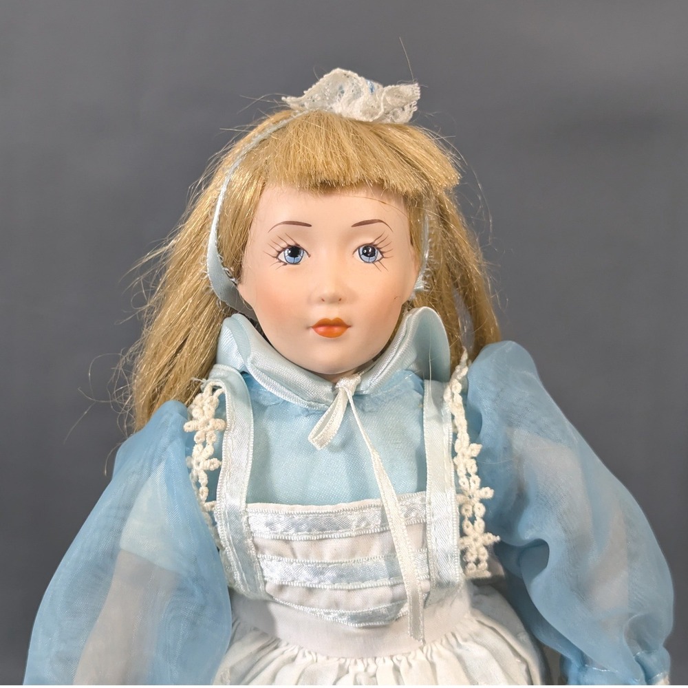 Alice in Wonderland Porcelain Doll 11.5 In. Bisque Blue Dress Eyelet Apron Stand - Picture 4 of 6